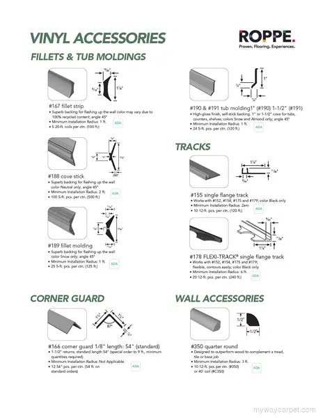 Roppe corner guard, fillets, tracks, quarter round stair accessories & coordinating components profile