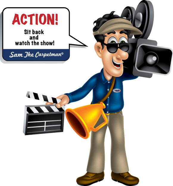 Sam the Carpetman as a film director holding a clapperboard and megaphone &mdash; Action! Sit back and watch the show!