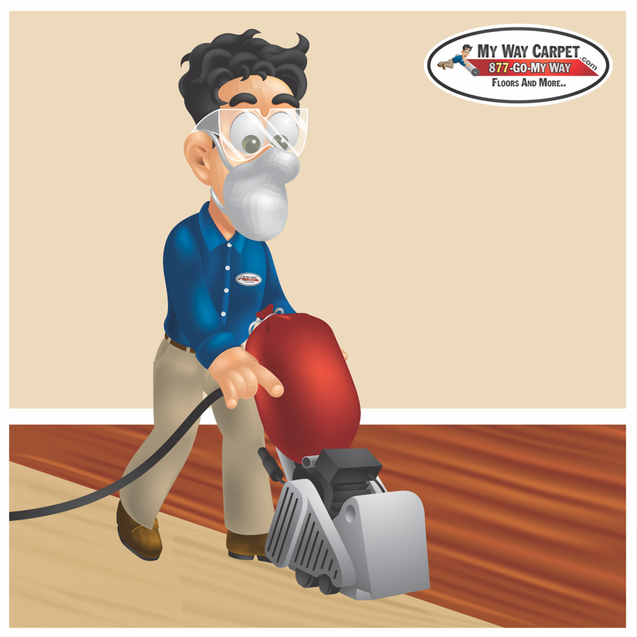 Sam on the drum sander &mdash; dust mask on, taking the old finish down to bare wood.