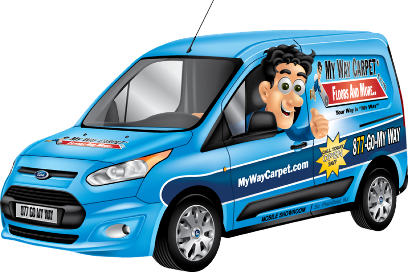 Sam driving the My Way Carpet mobile showroom van