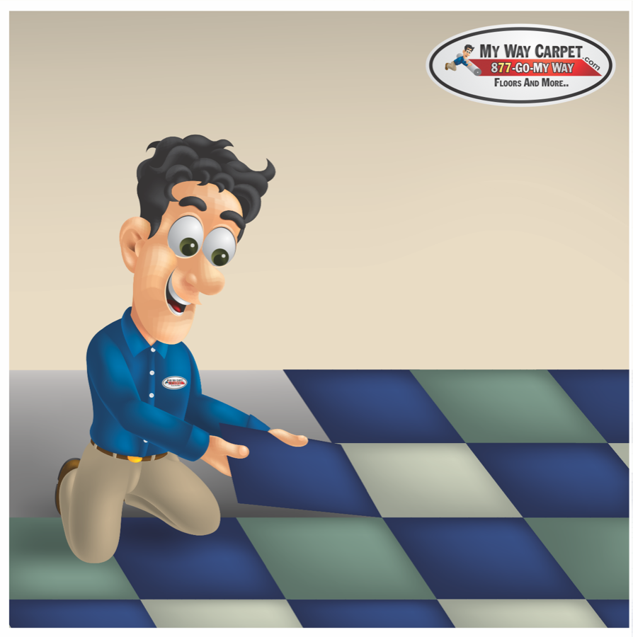 Sam laying VCT tile by tile &mdash; classic checkerboard commercial install.