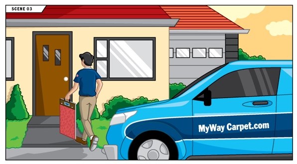Sam shows the homeowner a carpet sample at her door